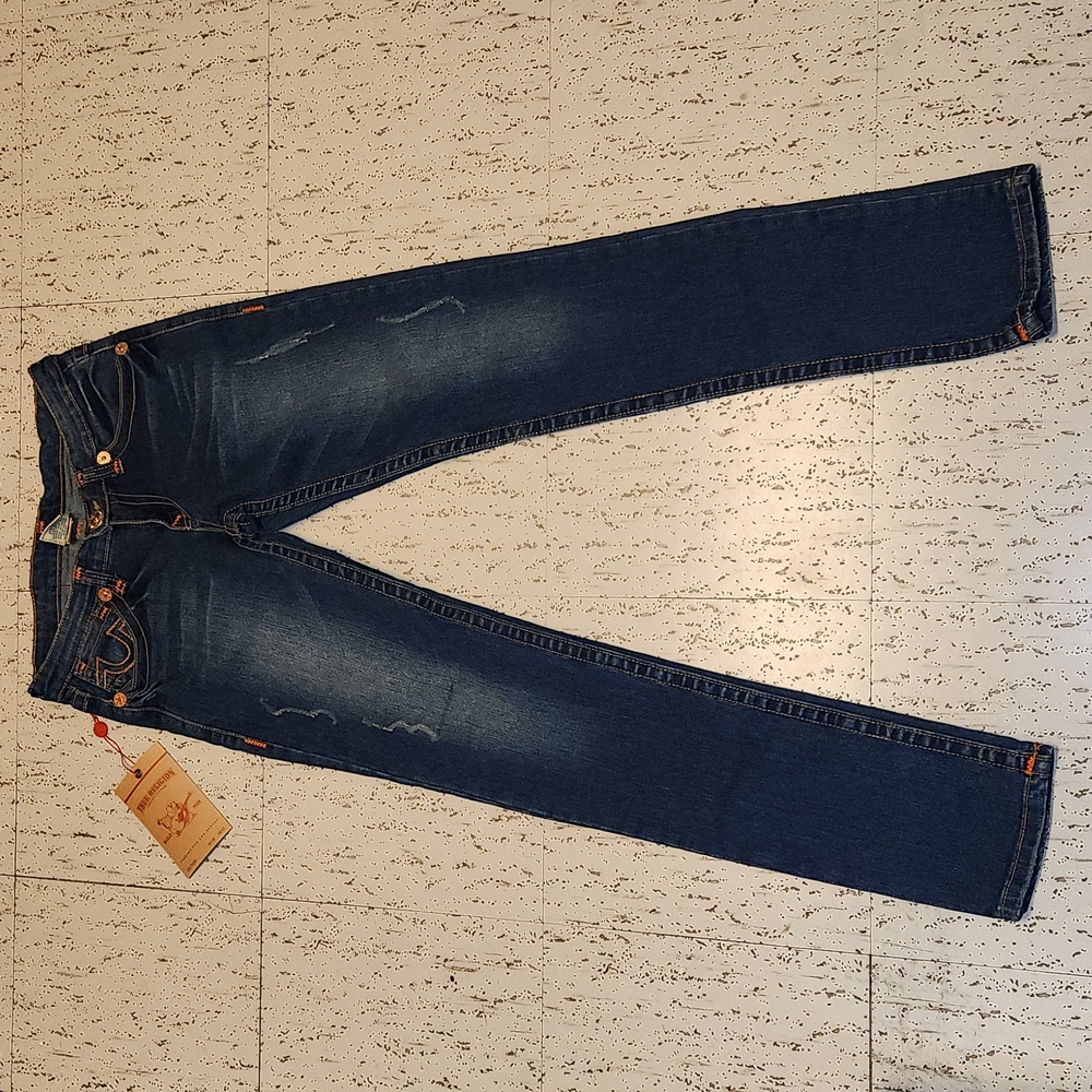 True Religion Dark Blue Distressed Billy Super T Slim Straight Leg Jeans BNWT - Picture 2 of 10